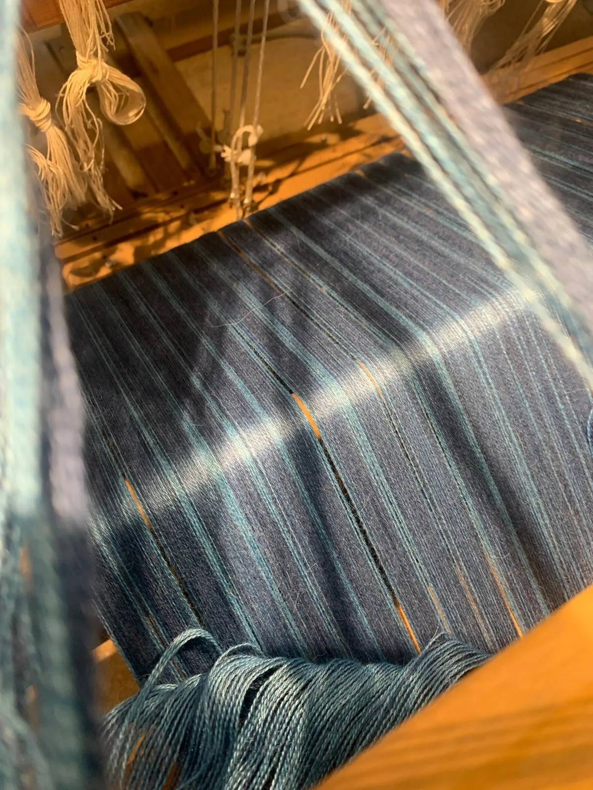 La chaîne bleu indigo tendue sur le métier, vue en enfilade, un écheveau bleu posé au premier plan